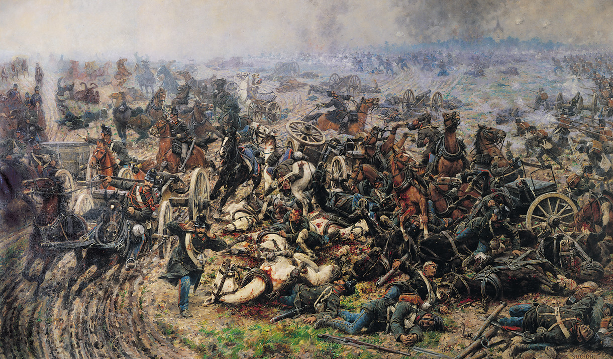 Gemälde eines Schlachtfelds mit blutenden Pferden und verletzten Soldaten.