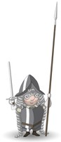 Maskottchen Eugen als Ritter mit Schwert und Lanze.