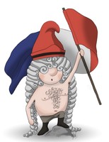 Maskottchen Eugen als französischer Revolutionär mit Hut, nacktem Oberkörper und Flagge.