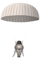 Maskottchen Eugen als Fallschirmspringer mit geöffnetem Fallschirm.