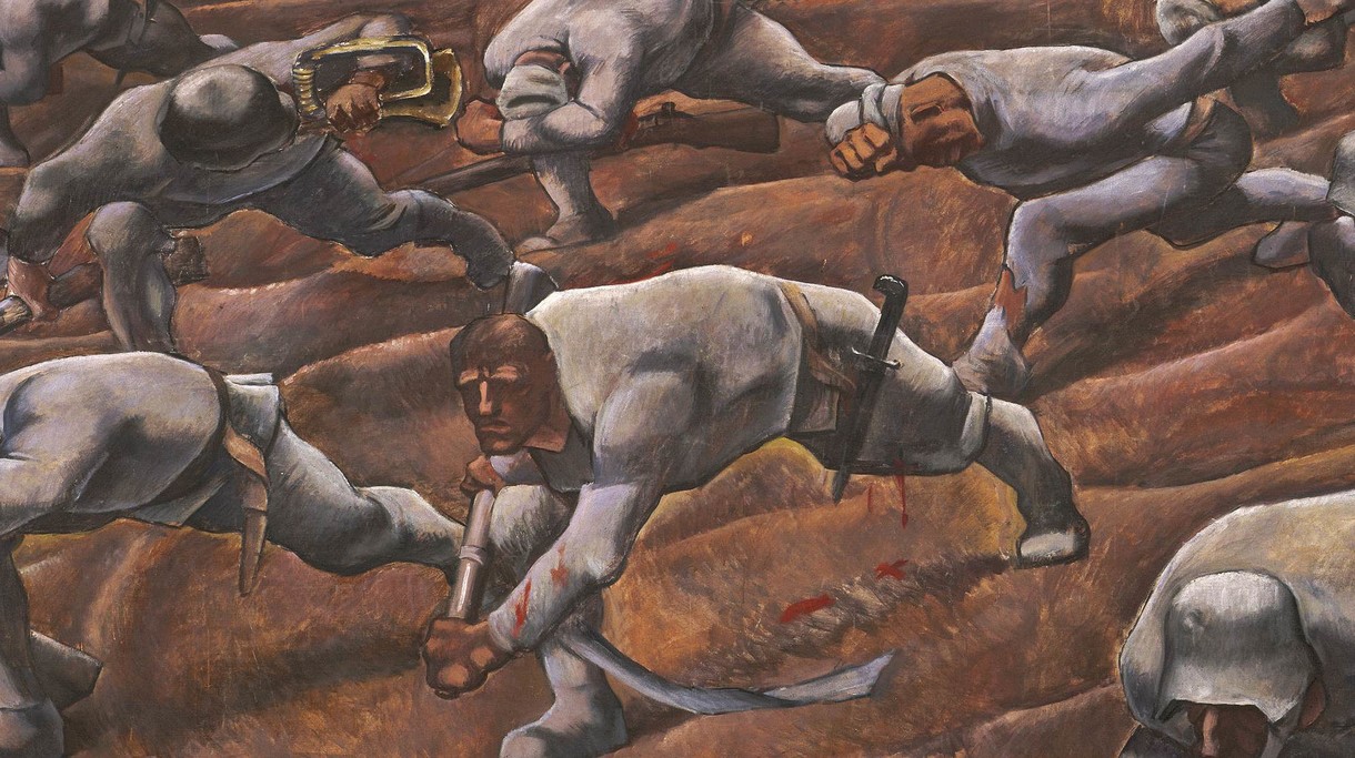 Detail aus einem Gemälde, geduckte und verletzte Soldaten gehen über ein Feld.