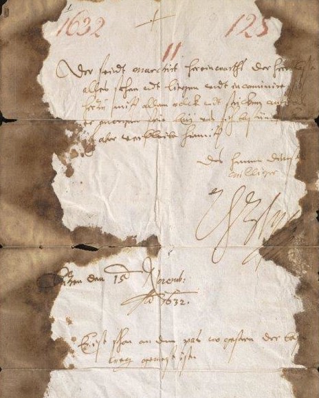 Brief von 1632, an den Rändern sehr vergilbt.