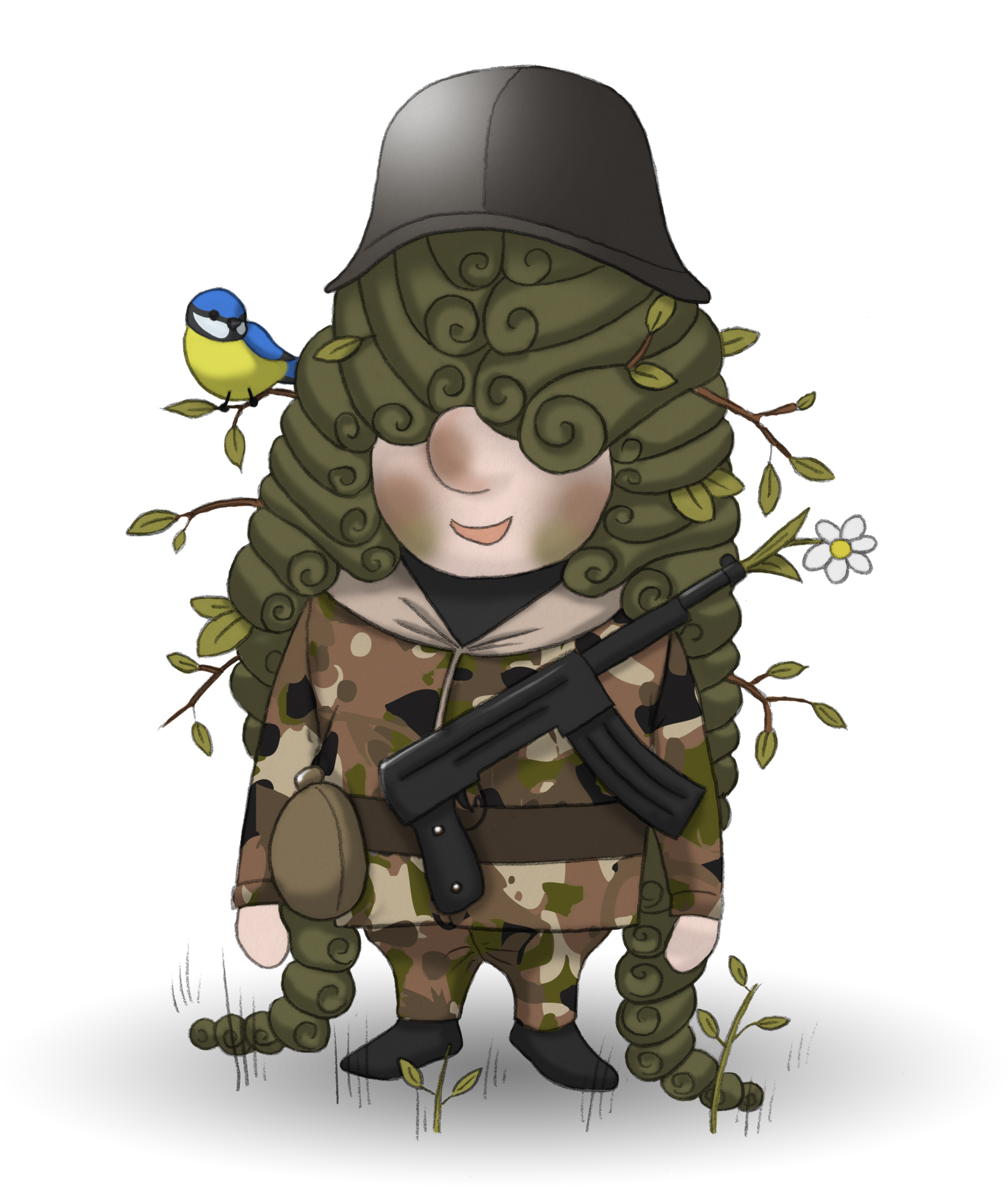 Auf dem Bild ist Maskottchen Eugen als Soldat verkleidet, gekleidet in eine Uniform mit Tarnmuster. Seine Perücke ist grün gefärbt und mit Zweigen, Blumen und Blättern dekoriert, auf denen ein Helm sitzt, der gerade noch so auf die Perücke passt. Eine Meise sitzt auf einem der Zweige und sieht Eugen neugierig an, während er lächelt. Sein Gesicht ist mit Tarnfarbe beschmiert, um sich in der Umgebung zu verstecken. An seiner Brust hängt ein Gewehr, und an seinem Gürtel baumelt eine Feldflasche. Mit einem freundlichen Ausdruck und einer lockeren Pose verkörpert Maskottchen Eugen den Geist des Soldatentums und der Naturverbundenheit. Diese Darstellung lädt die Betrachter ein, sich in die Welt des Militärs und der Natur zu versetzen, während Maskottchen Eugen als sympathisches Sinnbild eines Soldaten der Natur dient.