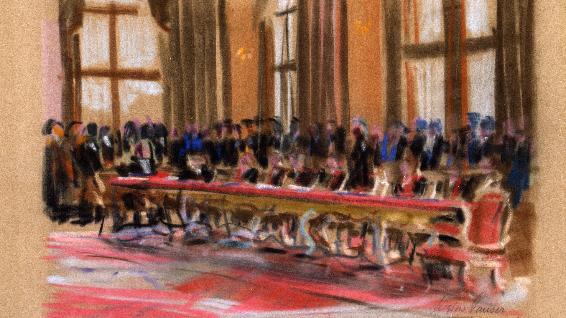 Man sieht eine impressionistische Darstellung eines langen Tisches. Dahinter sitzen und stehen viele Personen. Im Hintergrund sieht man drei große Fenster. Das Bild ist vor allem in roten Tönen gehalten, einige der Personen haben blaue Akzente.