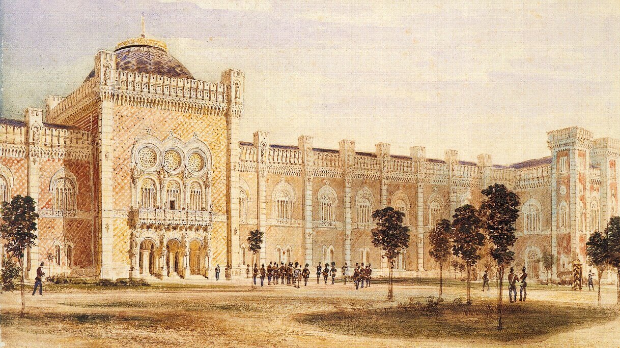 Ein Gemälde zeigt die historische Außenansicht des Heeresgeschichtlichen Museums. Vor dem Eingang sind Soldaten versammelt, von einzelnen kleinen Bäumen umgeben.