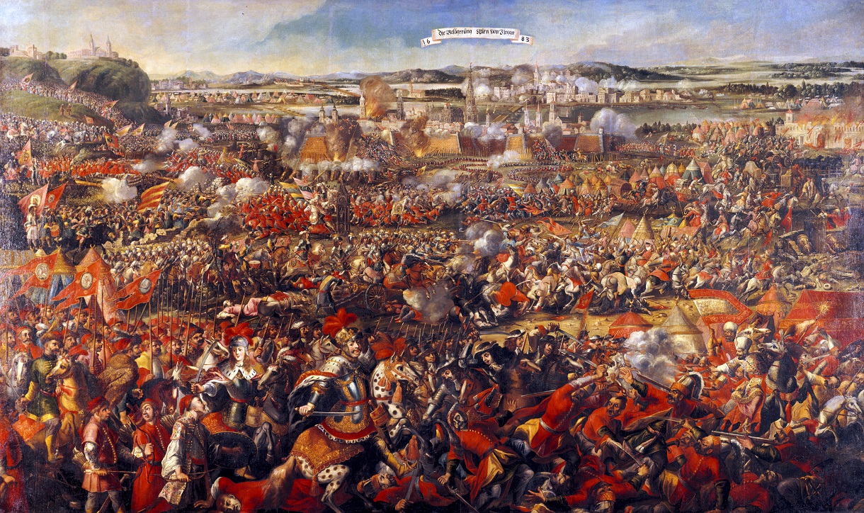 Diese Nahaufnahme zeigt ein Gemälde, das die Belagerung und den Entsatz der Stadt Wien im Jahre 1683 darstellt. Das Bild fängt dramatisch die Schlüsselmomente dieses historischen Ereignisses ein. Die Details der kämpfenden Soldaten, der belagerten Stadt und der entscheidenden Momente des Entsatzes werden lebhaft dargestellt.