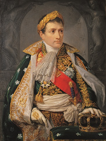 Dieses beeindruckende Gemälde präsentiert Napoleon I. in seiner Rolle als König von Italien. Der Ausdruck auf seinem Gesicht und die prächtige königliche Gewandung vermitteln die Macht und das Selbstbewusstsein des Herrschers.